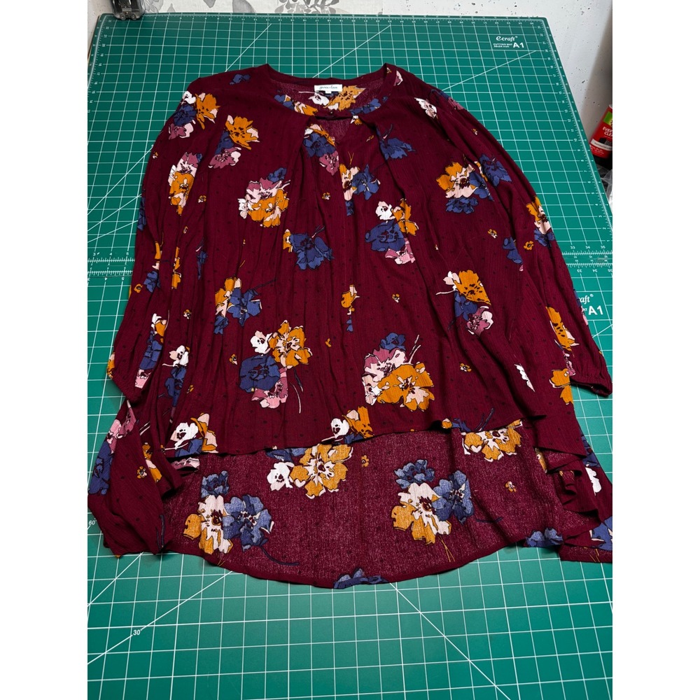 Grace & Lace Burgundy Floral Swiss Dot High Low Blouse Womens Large Long Sleeve